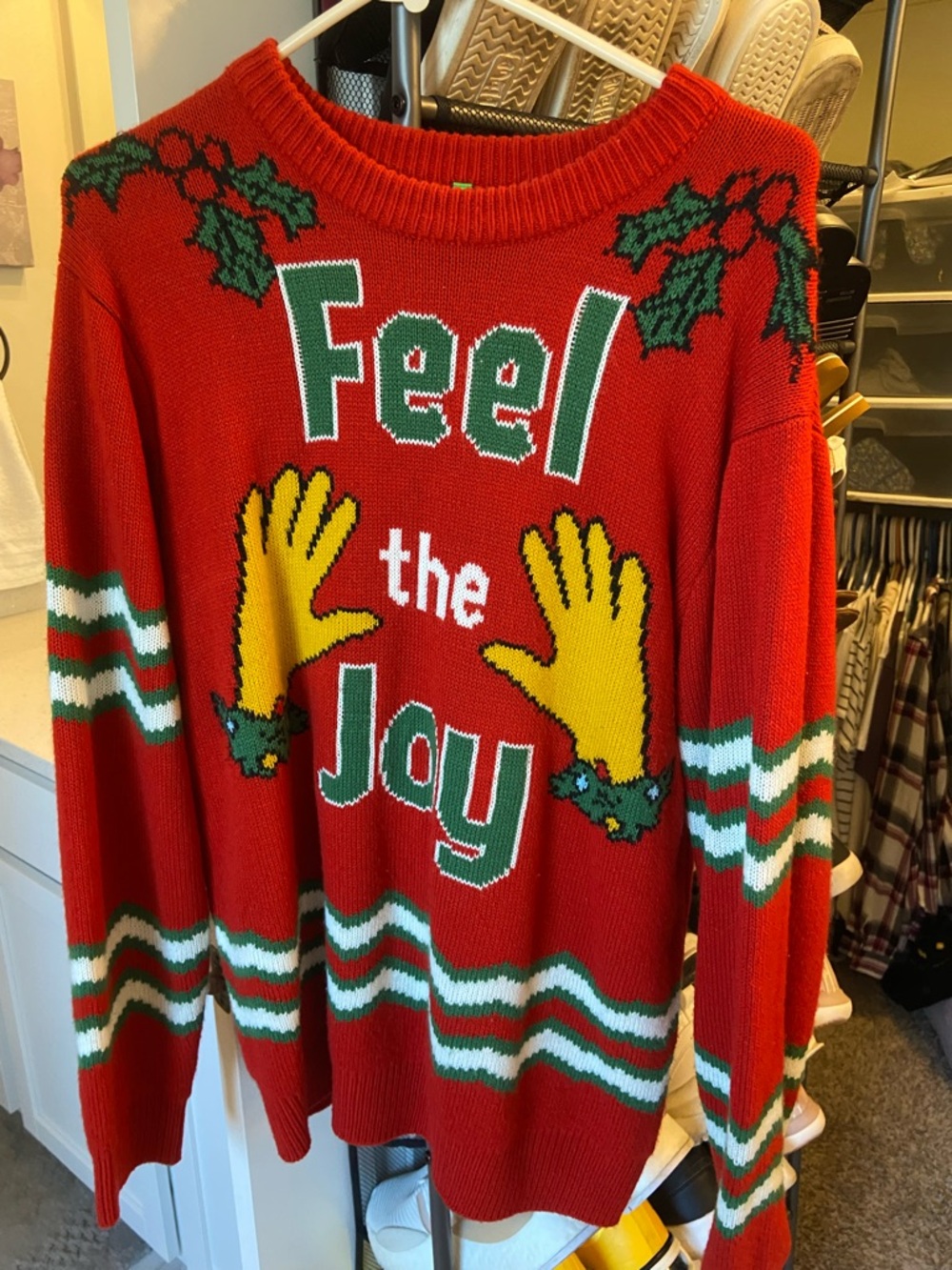 Christmas Sweater Feel the Joy Red Holiday Sweater with Yellow Gloves Graphic